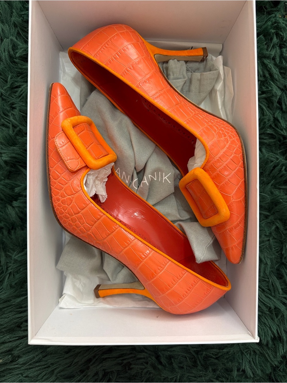 Manolo Blahnik Orange Croc-Embossed Pointed Buckle Pumps